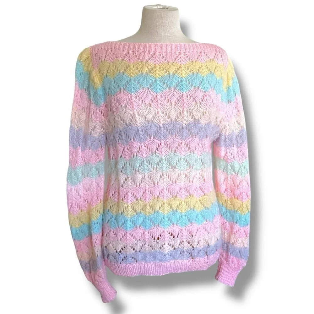 Vintage 1970s Womens Hand Knit Sweater Sz Medium Pointelle Pastel Fairy Kei - Picture 5 of 7